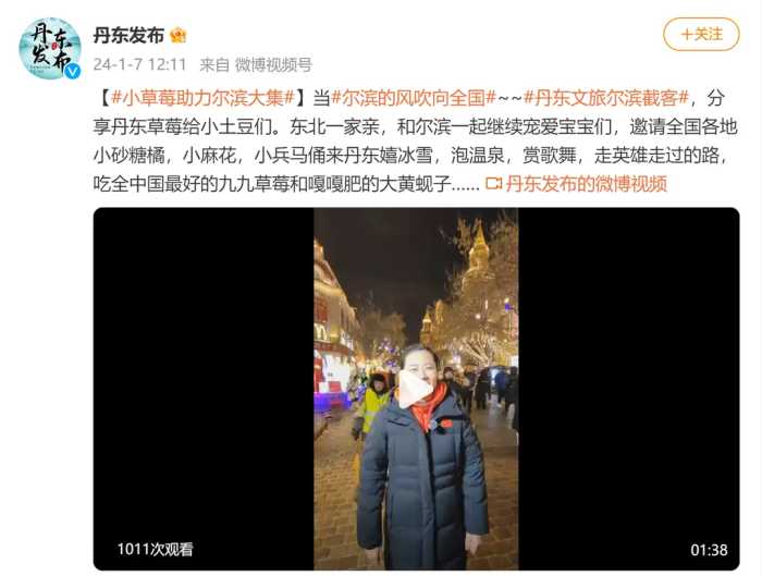 丹东文旅局局长在哈尔滨中央大街给游客们派发丹东草莓